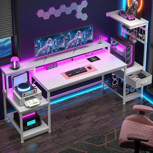 63" Gaming Desk with LED Lights & Outlets,Computer Desk with Drawers & Monitor Stand,Gaming Table with Storage Shelves & Printer Space for Game Room,Study Room,Home Office,Bedroom,White