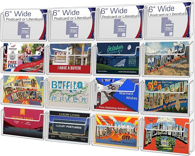 Marketing Holders Post Card Holder Acrylic 16 Pockets Holds 6" Printed Media Hanging Hardware Included Use at Real Estate Offices Hotels Resorts Convention Centers Hotels Eye Catching Clear