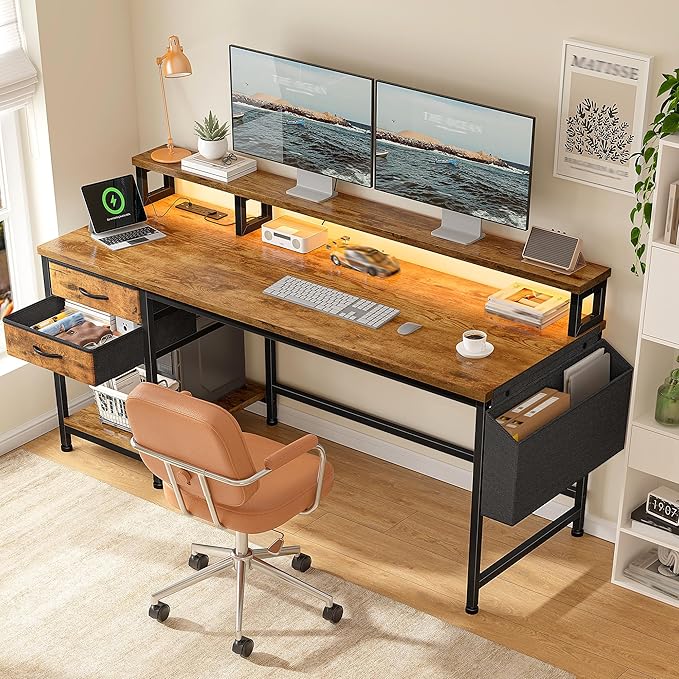 55" Gaming Desk with LED Strip, Computer Desk with Drawers & Storage Bag, Office Desk with Power Outlets & Monitor Stand, Home Office Desks for Bedroom, Gaming Room, Rustic Brown