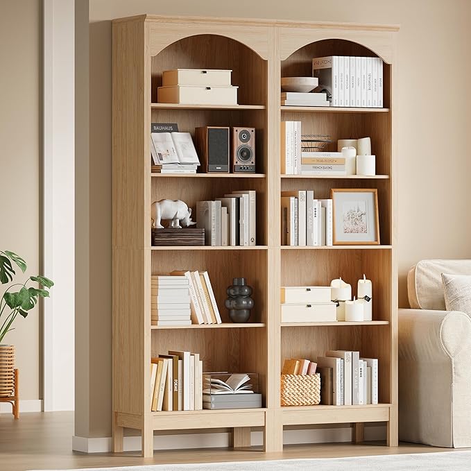 Arched Bookshelf with 5 Tier Open Shelves, 71" Tall Wood Bookcase with Adjustable Shelves, 24" Wide Floor Standing Display Storage Shelf for Home Office, Kitchen, Study and Living Room, Natural Oak