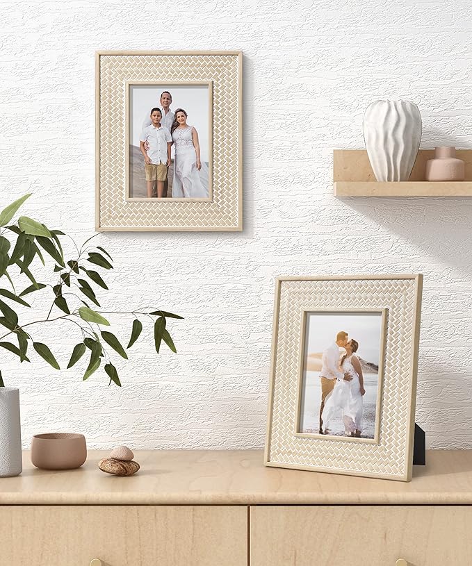 Afuly 5x7 Picture Frame Boho Picture Frames Nature Beige Bohemia Photo Frame for Office Bedroom Home Desk Wall Decor, Anniversary Wedding Gifts for Mom Grandma, Set of 2