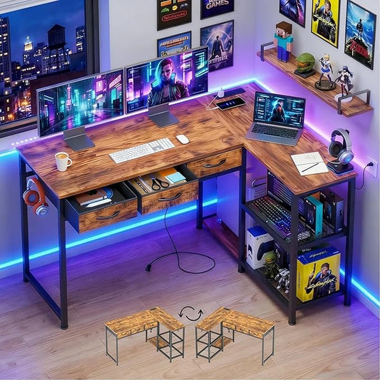 Gizoon Corner Computer Desk, 53 Inch L Shaped Office Desk with Power Outlets, Drawers, Reversible Storage Shelves, CPU Stand and Hooks for Living Room, Home Office, Study, Gaming(Rustic Brown)