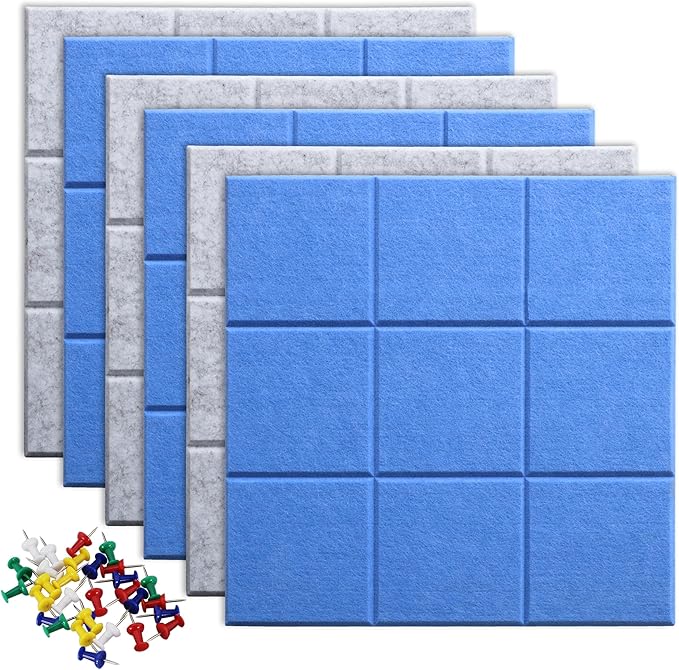 Large Felt Board Tiles for Wall with 30 Push Pins, 11.8"x11.8" Pack of 6 Pin Board Notice Boards for Home Office Kitchen, Bulletin Board Wall Tiles for Photos Memos (Blue+Grey, 6 Pack)