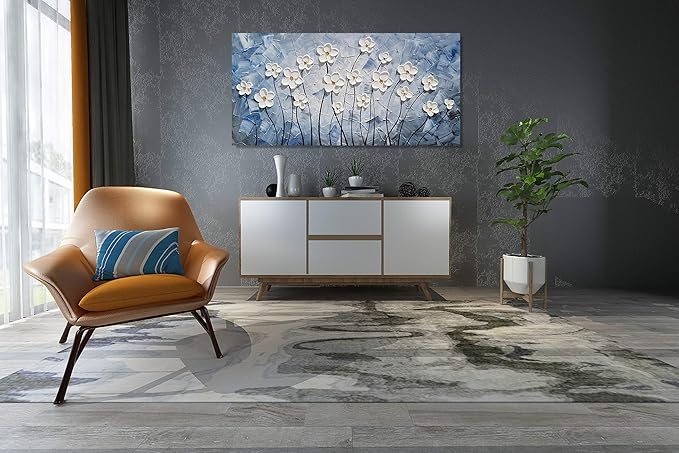YHSKY ARTS Enchanting 3D Hand-Painted White Floral Wall Art, Textured Floral Masterpiece Brings a Touch of Elegance and Natural Beauty to Any Home Space