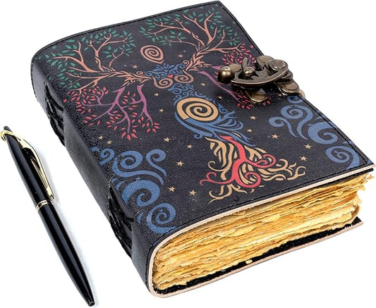 TUZECH Book of Spells Leather Bound Journal Deckle Edge Paper Grimoire Printed Diary Third Eye witchcraft supply and Witch Spell Notebook Antique Vintage Book for Men and Women (Blue Lady)