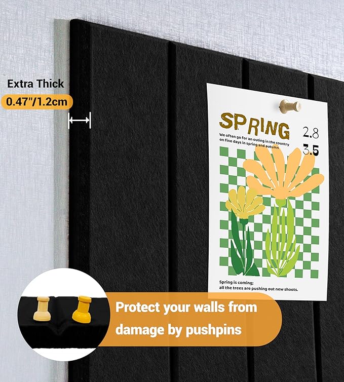 1/2" Thick Cork Board for Office, 6 Pack Felt Wall Tiles -28"x18" with Safe Adhesive Tabs, Large Bulletin Board, Push Pin Board Organizer Wall - Black
