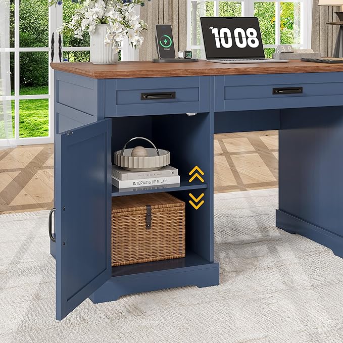 Whalefall 55'' Farmhouse Desk Home Office with Drawers, Executive Computer Desk Wooden with File Cabinet and Charging Station, Blue