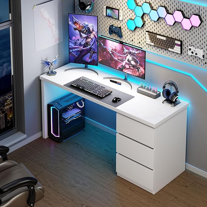 furtble White Desk with Drawers, 63'' W Home Office Computer Desk Gaming Table, Modern Vanity Desk with Storage, Wood Writing Workstation for Bedroom, Living Room, White