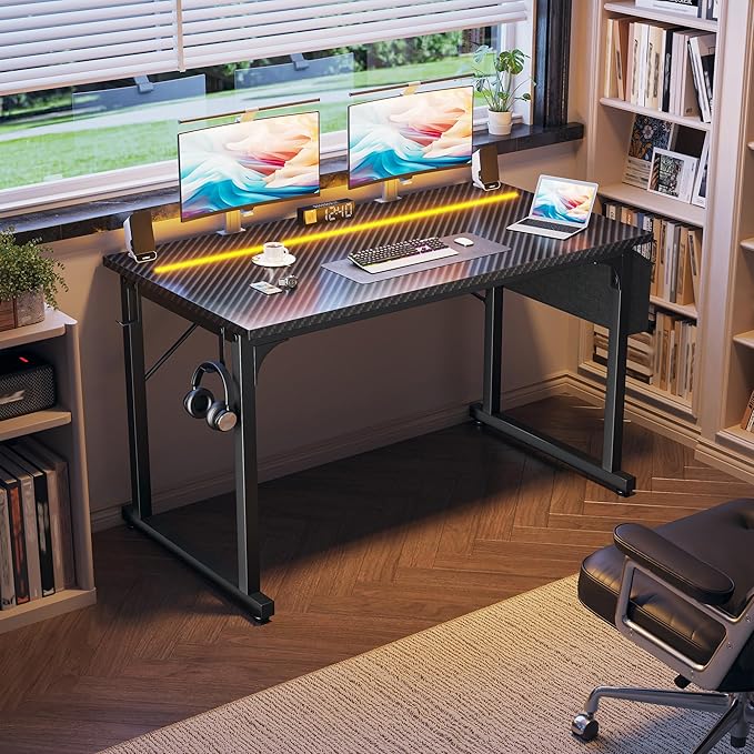 48 Inch Computer Desk with LED Lights, Office Desk for Home Office, Study Desk Writing Table with Storage Bag, Headphone Hook, Black