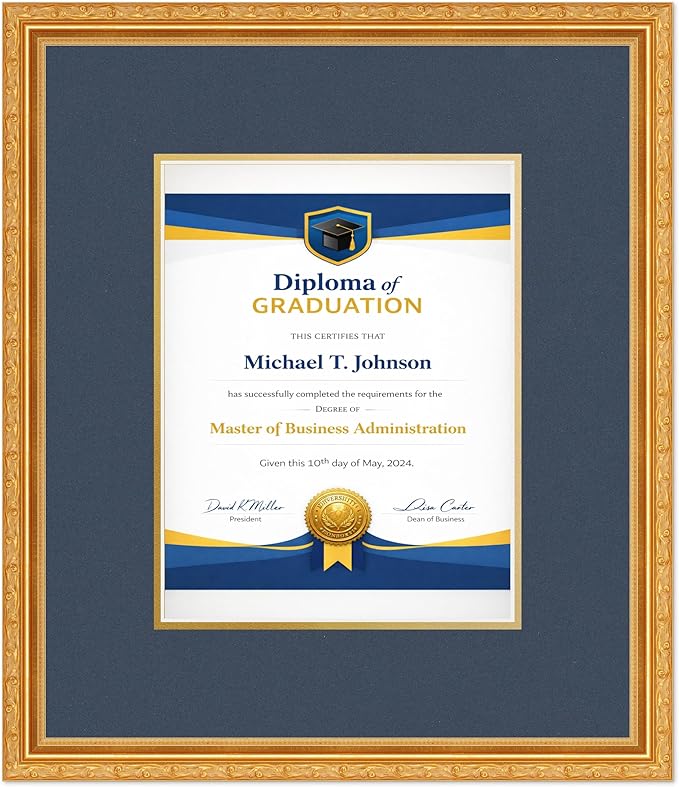 Diploma Frame Museum Gold with Navy Blue Over Gold Double Mat - Fits 8.5 x 11 Certificate (Portrait) Wall Display Made in the USA