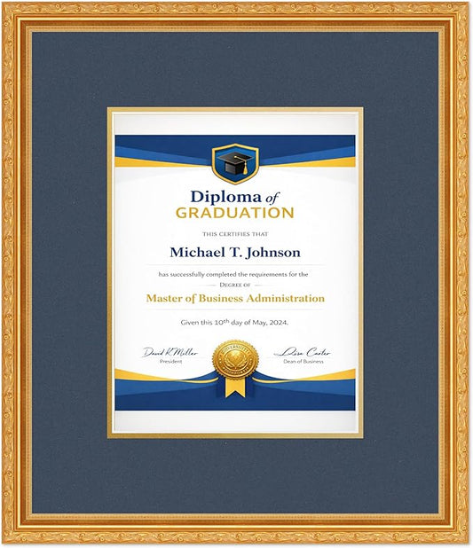 Diploma Frame Museum Gold with Navy Blue Over Gold Double Mat - Fits 8.5 x 11 Certificate (Portrait) Wall Display Made in the USA