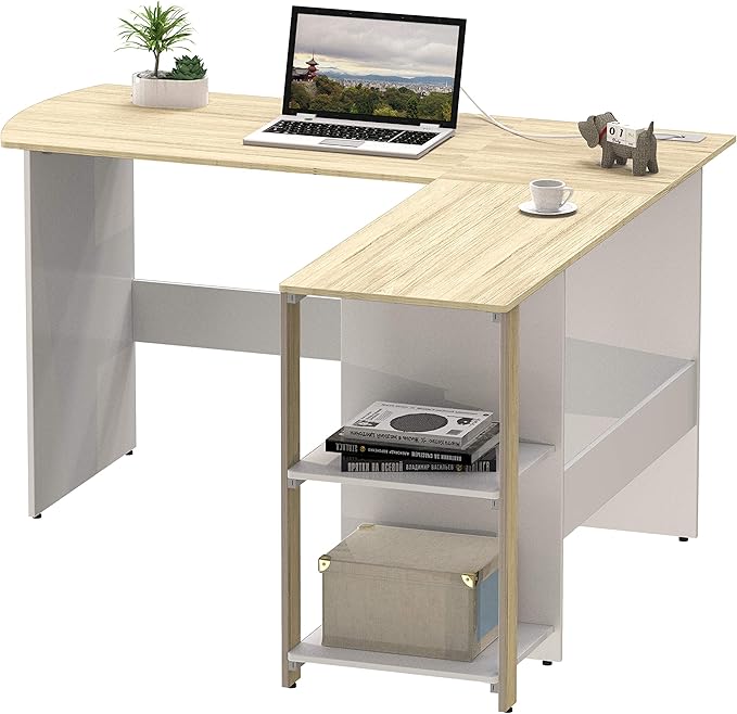 SHW 51 x 51 Inches L-Shaped Home Office Wood Corner Desk wtih Storage, Oak