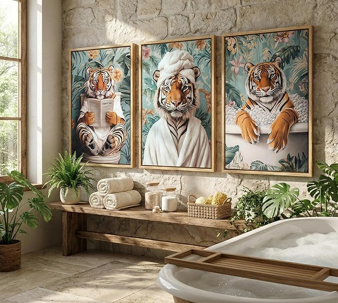 3pcs Funny Bathroom Tiger Canvas Wall Art Boho Tropical Botanical Tiger Reading Newspaper On Toilet Posters Prints Animal In Bathtub Wall Decor Pictures for Bathroom Decoration Unframed