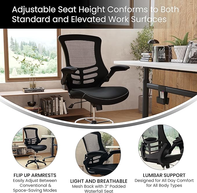 Flash Furniture Kelista Mid-Back Swivel Office Chair with Adjustable LeatherSoft Seat Height, Ergonomic Mesh Chair with Flip-Up Arms, Black