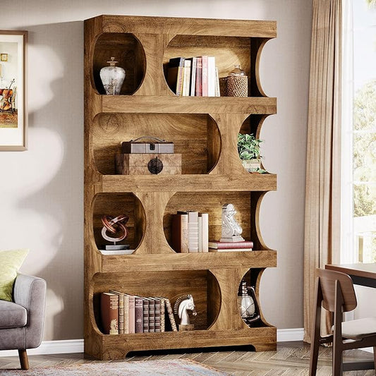 Tribesigns 71" Tall Bookcase, Modern Asymmetrical Bookshelf, 4-Tier Freestanding Display Shelf with Classic Shape, Large Library Book Shelf for Living Room, Home Office, Brown