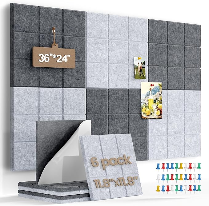 Large Felt Board Tiles for Wall with Pack of 6 Pin Board Notice Boards for Home Office Kitchen, Bulletin Board Wall Tiles for Photos Memos (Drak Grey+Light Grey, 6 Pack)