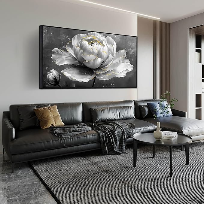 Floral Wall Art Black Framed Wall Paintings White Pictures Large Wall Decorations for Girl Women Room 29"x59"