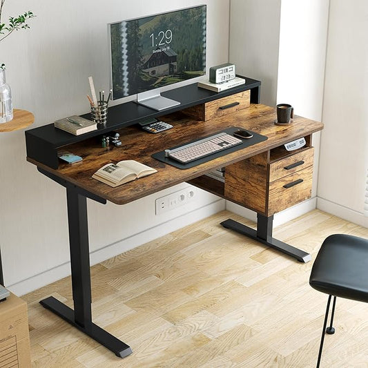 FEZIBO Standing Desk with Wood Drawers, 48" x 24" Electric Height Adjustable Table with Monitor Shelf, 3 Drawers and Open Storage, Computer Home Office Sit and Stand up Workstation, Rustic Brown