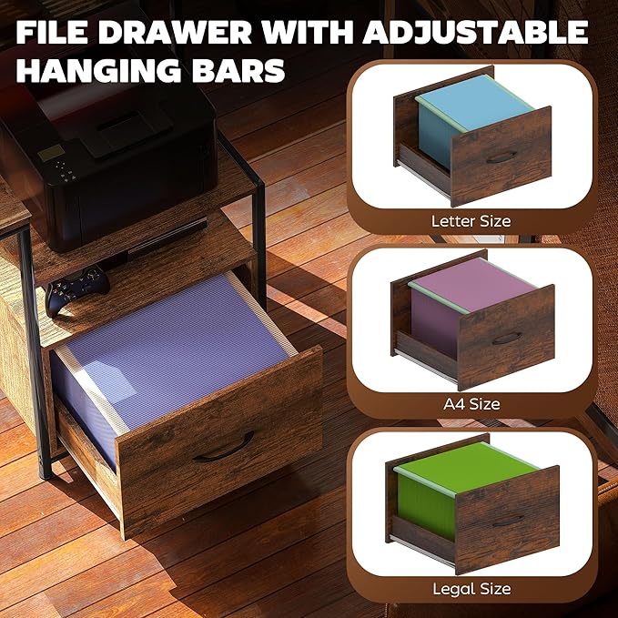 HOMCOM 67" Gaming Desk with File Cabinet and Fabric Drawers, Computer Table with Power Outlets and LED Lights, Monitor Stand and Printer Shelf, for Home Office Desk, Rustic Brown