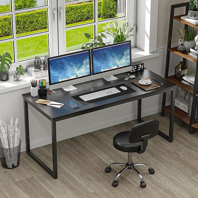 SUPER DEAL Computer Desk 55 Inch Modern Sturdy Office Desk PC Laptop Notebook Simple Writing Table for Home Office Workstation, Black