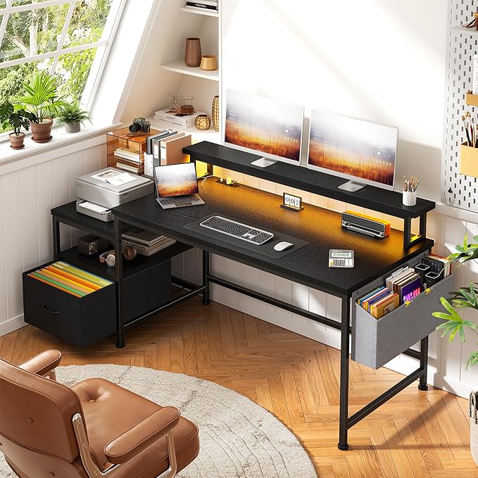 Gaming Desk with Monitor Stand,Computer Desk with LED Lights &Power Outlets,Office Desk with Drawers & Printer Shelf,Writing Table with Side Storage Bag,57" W x 20" D x 36" H,Black Desk