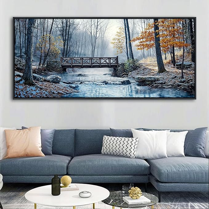 yiijeah Extra Large Living Room Wall Art - Modern Wall Decor for Bedroom Office Decor Mountain Forest Landscapes Village Bridge Painting Framed Canvas Prints 70x31 Inches