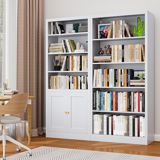 Bookshelves and Bookcases, 5 Shelf Bookcase for Home Office Library Living Room, Metal Bookcase with Adjustable Shelves. Set of 2