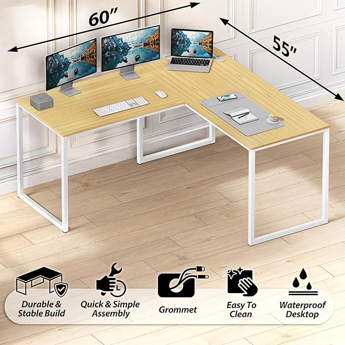 SHW Mission 55 x 60 Inches L-Shape Home Office Computer Desk, Oak