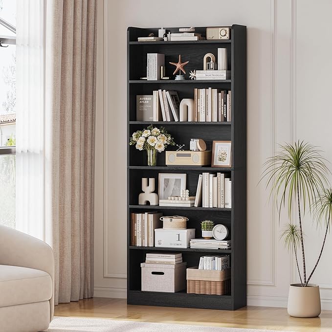 Yaheetech 7-Tier Open Bookcase and Bookshelf, Modern Simple Floor Standing Display Storage Shelves with Top Open Compartment for Home Office, Study, Living Room - Black