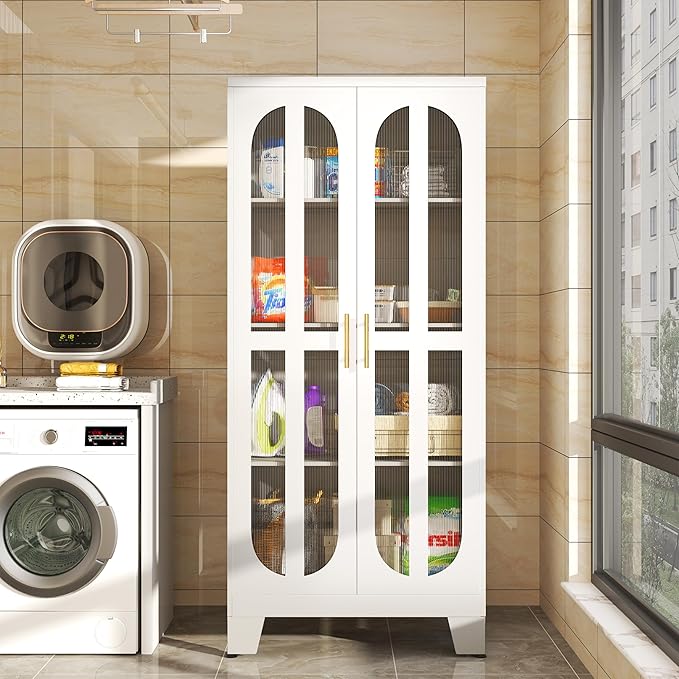 Metal Kitchen Pantry Storage Cabinet,Food Pantries Cabinets with Acrylic Glass Doors and Adjustable Shelves,Storage Cupboard for Kitchen, Living Room, Laundry Room and Dinning Room 61.02”H