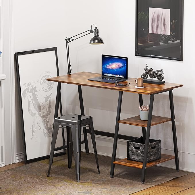 SHW 43-Inch Home Office Trestle Computer Desk with Open Storage Shelves, Walnut