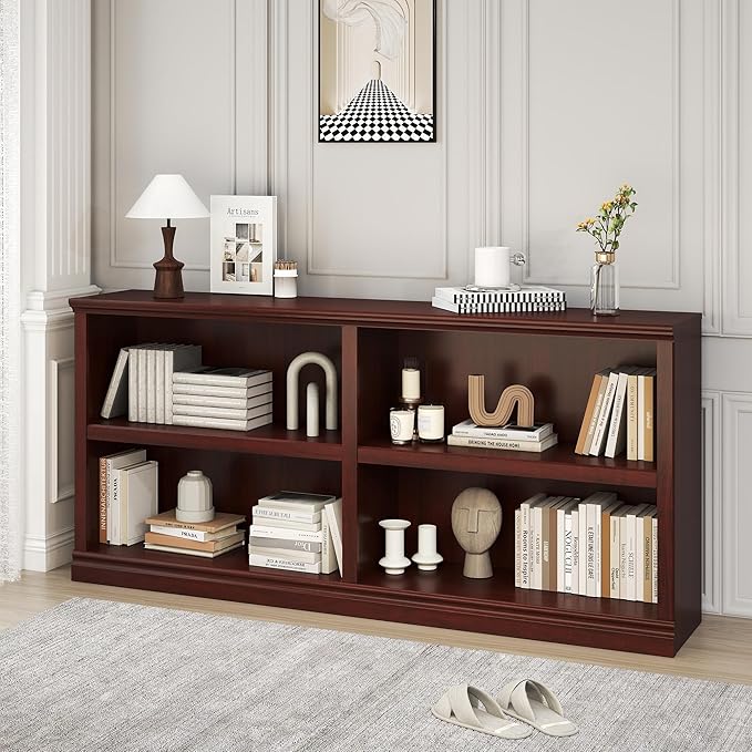 Double Wide Open Shelf Bookcase - 2 Tiers 4 Storage Cube Adjustable Space Book Case, Display Cabinet Organizer with Bookshelf, 64.8 inch Width Indoor Furniture for Home Library Office, Mahogany