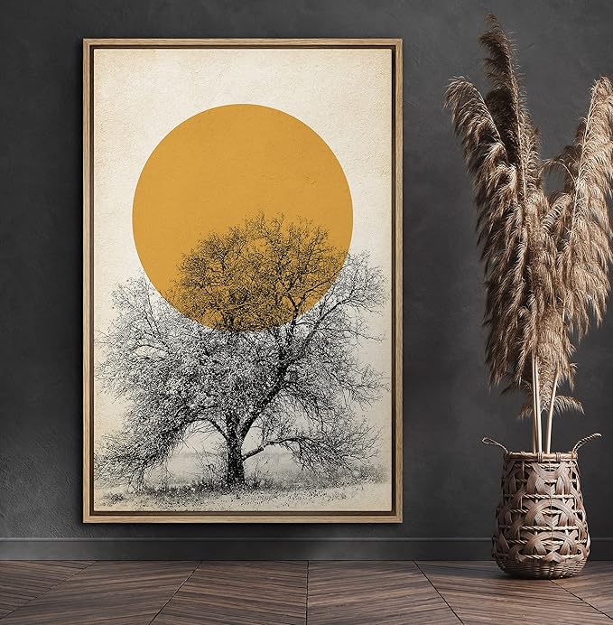 SIGNFORD Framed Canvas Print Wall Art Tree with Branches Under Shining Sun Abstract Wilderness Digital Art Modern Art Rustic Scenic Multicolor for Living Room, Bedroom, Office - 16"x24" Natural