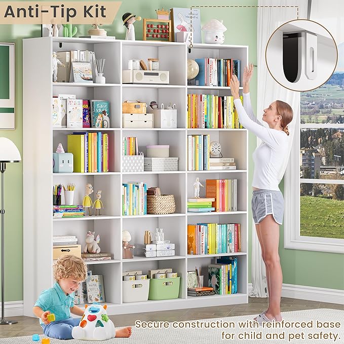 White Bookcase with 18 Display Shelves, Triple Column Book Case, 2PC 6 Tier Large Bookshelf, Freestanding Storage Shelf for Bedroom Living Room Home Office