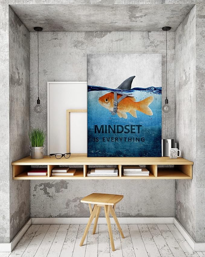 Inspiration Office Canvas Wall Art Posters Goldfish Pictures Big Shark Canvas Painting Mindset is Everything Print Poster Home Decor for Guest Room Bar, Framed 24" W x 36" H