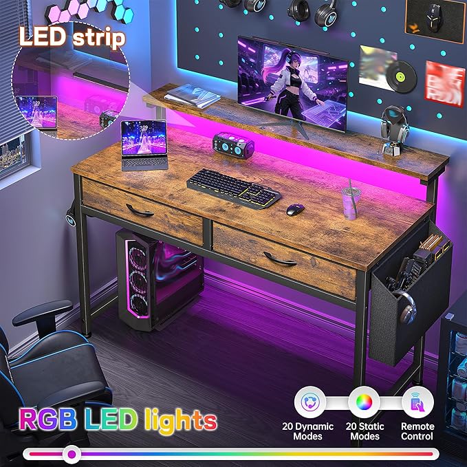 Gaming Desk with LED Lights & 2 Fabric Drawers, 39.4Inch Home Office Computer Desk with Side Pocket & Ergonomic Monitor Stand, Small Space Study Writing Table with Anti-Tip Design, Rustic Brown