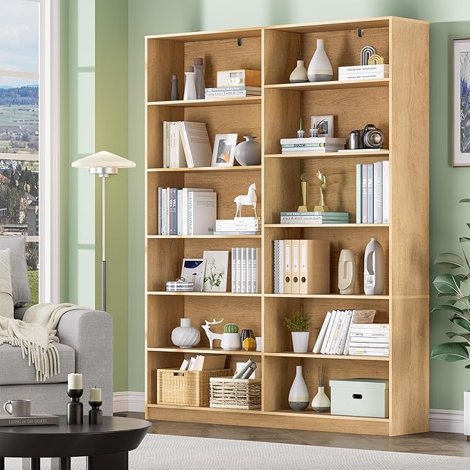 12 Open Storage Bookcase, Natural Bookshelf, Freestanding Display Storage Shelves, Double Wide Bookshelves, 70.8” Tall Book Case 2 PCS Home Library Bookcase for Living Room Bedroom Office