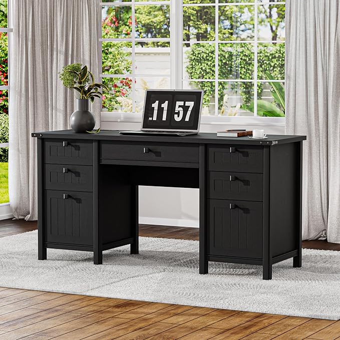 Farmhouse Executive Desk with Drawers - 62" W Farmhouse Computer Desk with Power Outlets & USB Charging, Heavy Duty Storage Desk for Home Office & Study.Black