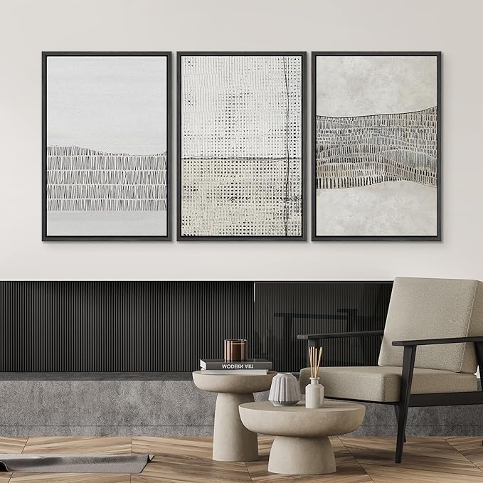 SIGNWIN Framed Canvas Print Wall Art Set Grunge Black Tan Line Art Landscape Abstract Shapes Cozy Neutral Modern Art Decorative Contemporary Minimal for Living Room, Bedroom, Office - 24"x36"x3 Black