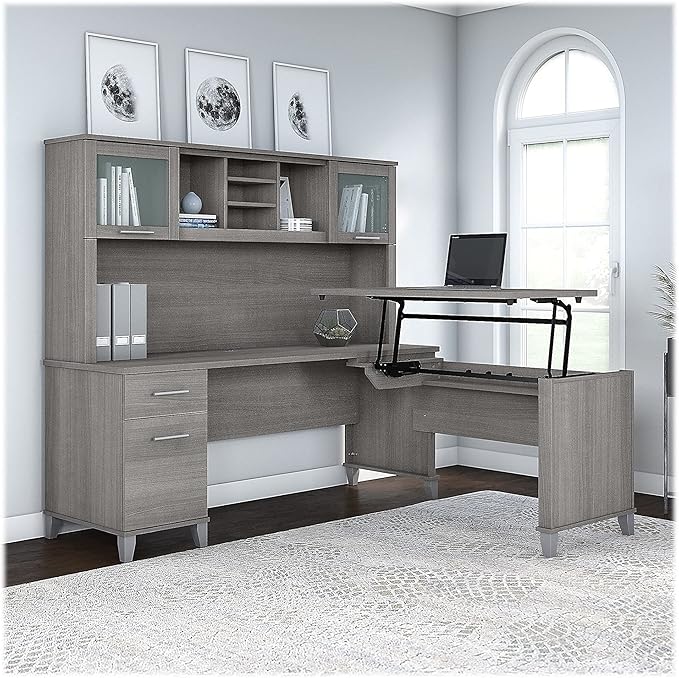Bush Home Somerset 72W 3 Position Sit to Stand L Shaped Desk with Hutch in Platinum Gray | Adjustable Height Table for Office