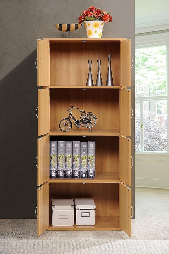 Hodedah 4-Shelf, 8-Door Bookcase Cabinet in Beech