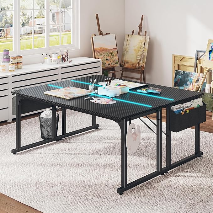 63 Inch Computer Desk with LED Lights, Office Desk for Home Office, Study Desk Writing Table with Storage Bag, Headphone Hook, Black