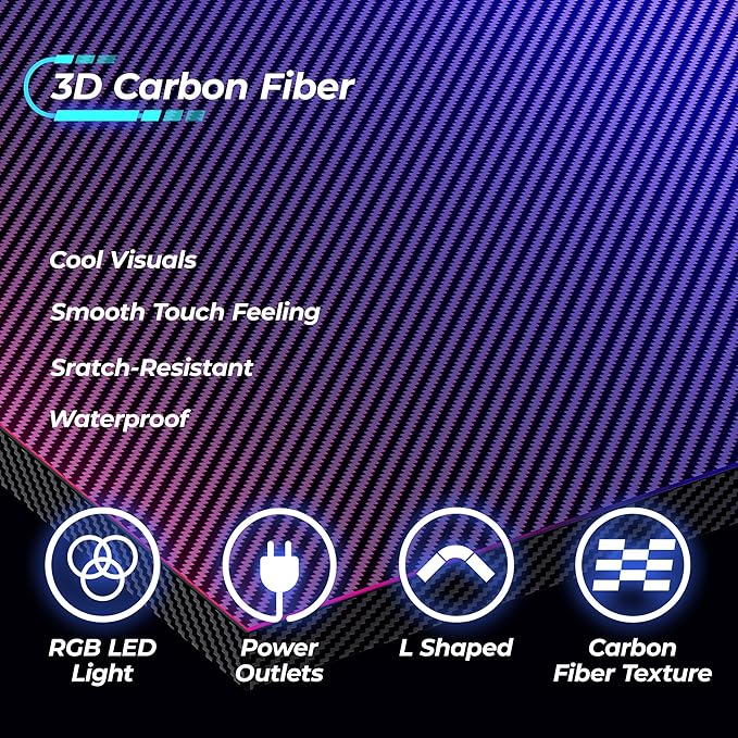 Huuger L Shaped Gaming Desk with Power Outlets & LED Lights, Computer Desk with Monitor Shelves, Carbon Fiber Surface, Home Office Desk, Corner Gaming Desk with Hooks, Carbon Fiber Black