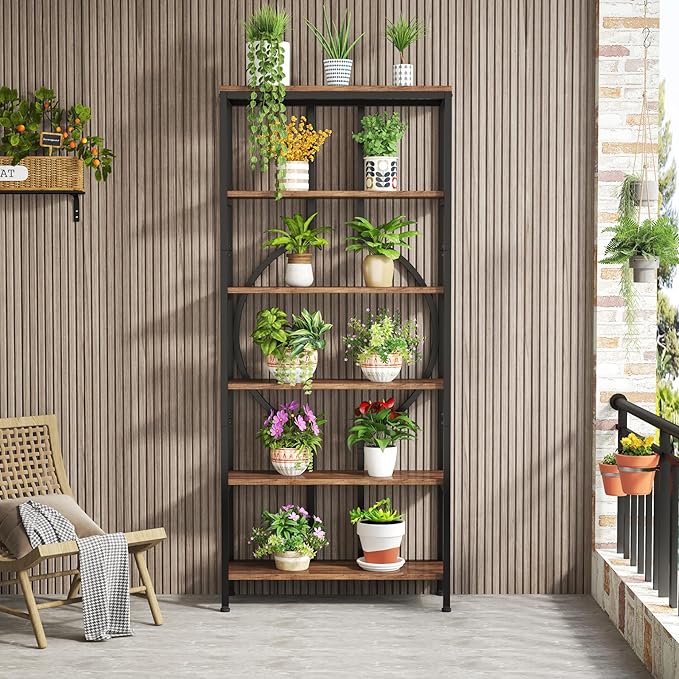 Tribesigns 70.9 Inch Industrial Bookshelf, 6-Tier Tall Etagere Bookcase with Open Shelves, Metal Decorative Book Shelf Storage Shelving Unit for Living Room and Home Office, Rustic Brown 2PCS