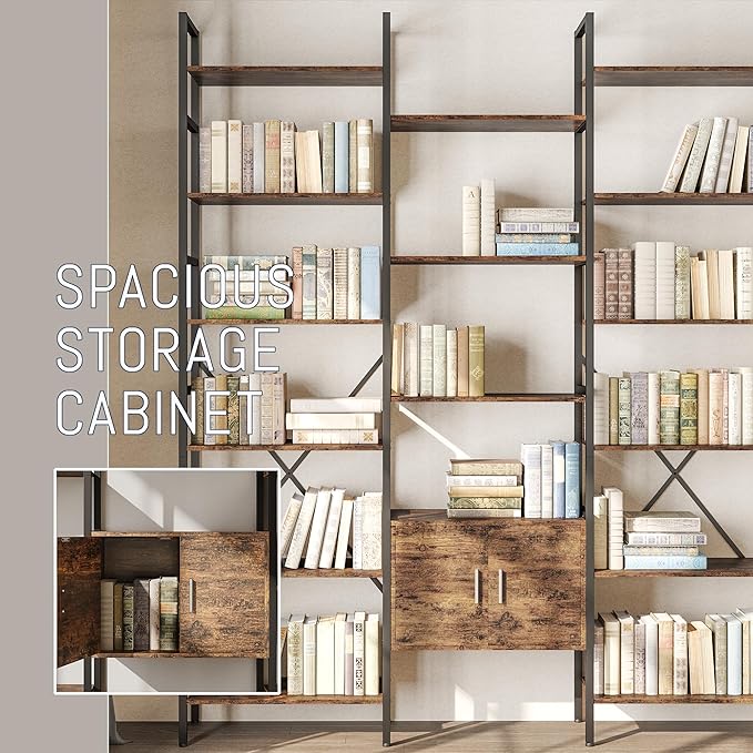 70x78 “ Triple 6 Tier Book Shelf, Industrial Large Bookcase with Storage Cabinet, Tall Bookshelf with 16 Open Display Shelves Metal Frame Furniture for Living Room Bedroom Home Office Brown