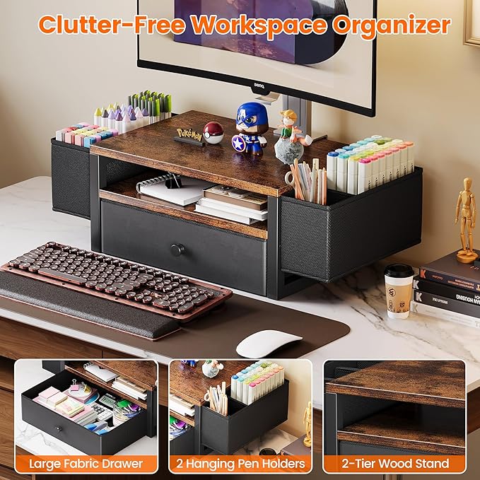 Homeiju Desk Organizers and Accessories, 3-Tier Computer Monitor Stand Riser with Fabric Drawer & 6 Pen Holder, Office Desk Accessories Workspace Desktop Organizer for Office Supplies, Rustic Brown
