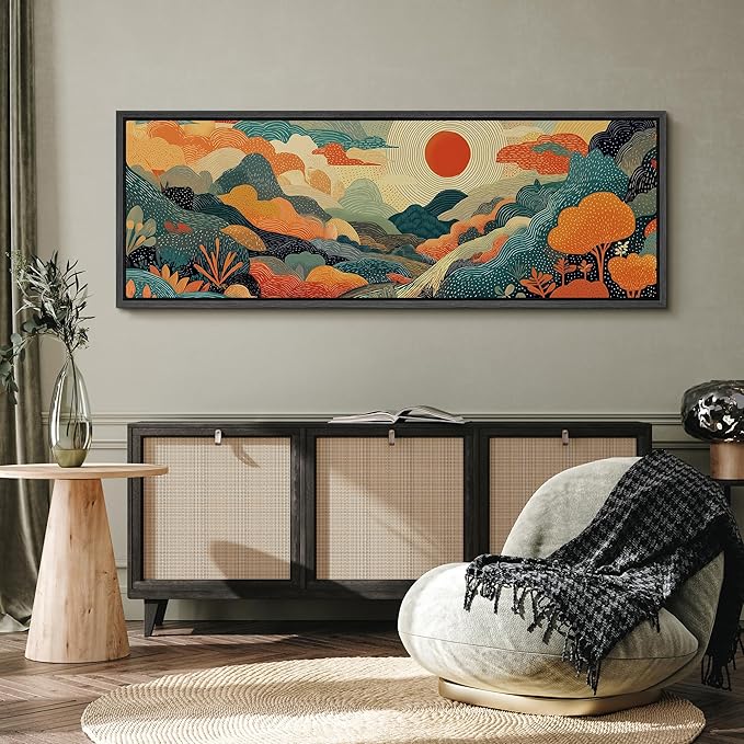 SIGNFORD Large Framed Canvas Whimsical Sunlit Hills Illustrations Modern Art Calm Warm for Living Room, Bedroom, Office - 60"x20"