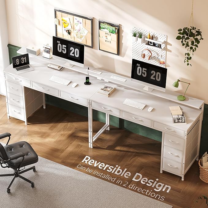 Huuger Gaming Desk with 6 Drawers, Computer Desk with LED Lights Power Outlets and Type-C, 39 Inch Office Desk with Storage, Monitor Stand, Writing Desk Work Desk Home Office, Bedroom, Study, White