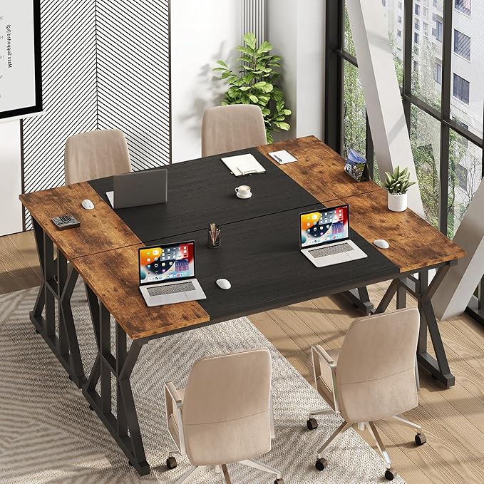 TVU Computer Desk, 55 inch Large Office Desk, Study Writing Table with Thicken Frame, Gaming Desk, Modern Simple Desk for Home Office, Rustic Brown/Black