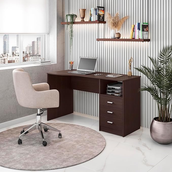 Techni Mobili 51" Classic Computer Desk with Drawers, 3-Drawer Home Office Desk with Storage (Brown)